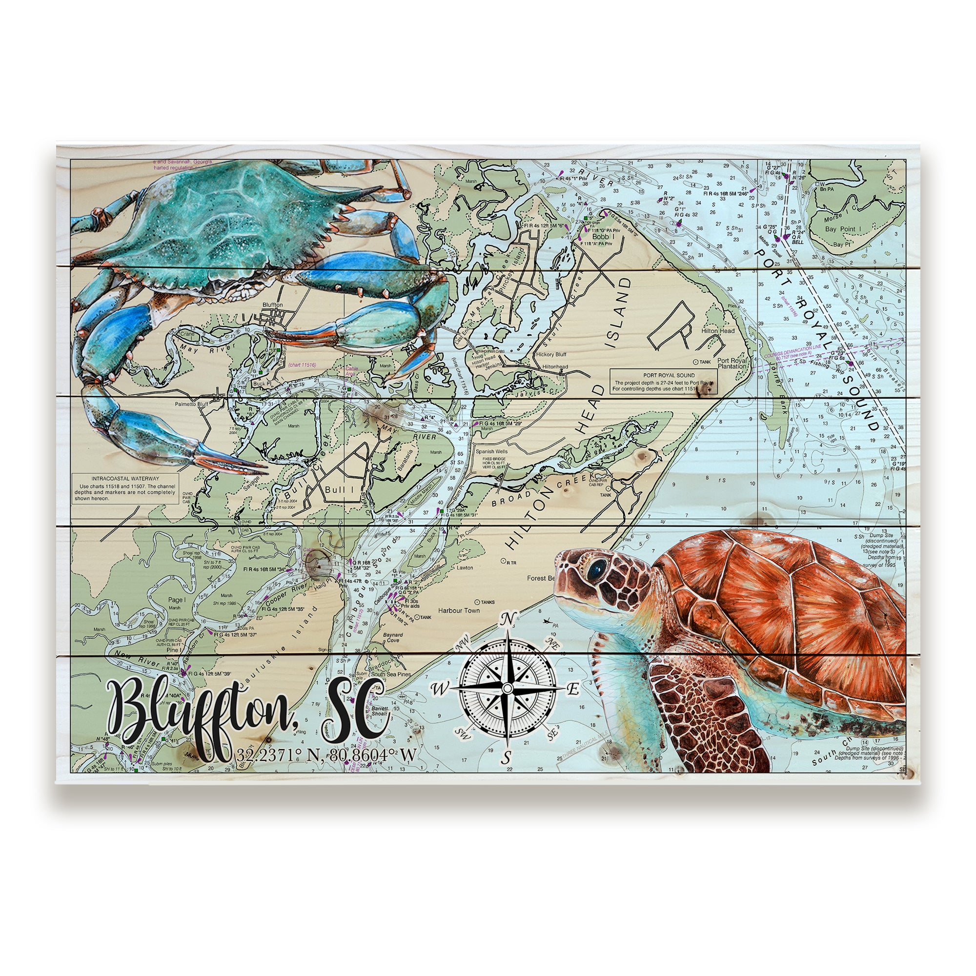 Bluffton, SC Sea Turtle Blue Crab Pallet Map MapMom