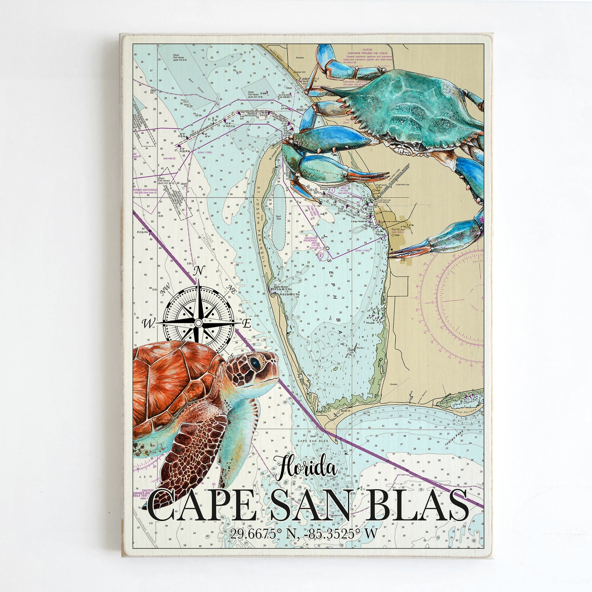 Cape San Blas, FL Sea Turtle and Blue Crab Plank Map
