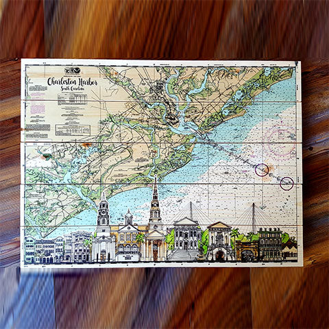 Charleston, SC Skyline Artwork Pallet Map