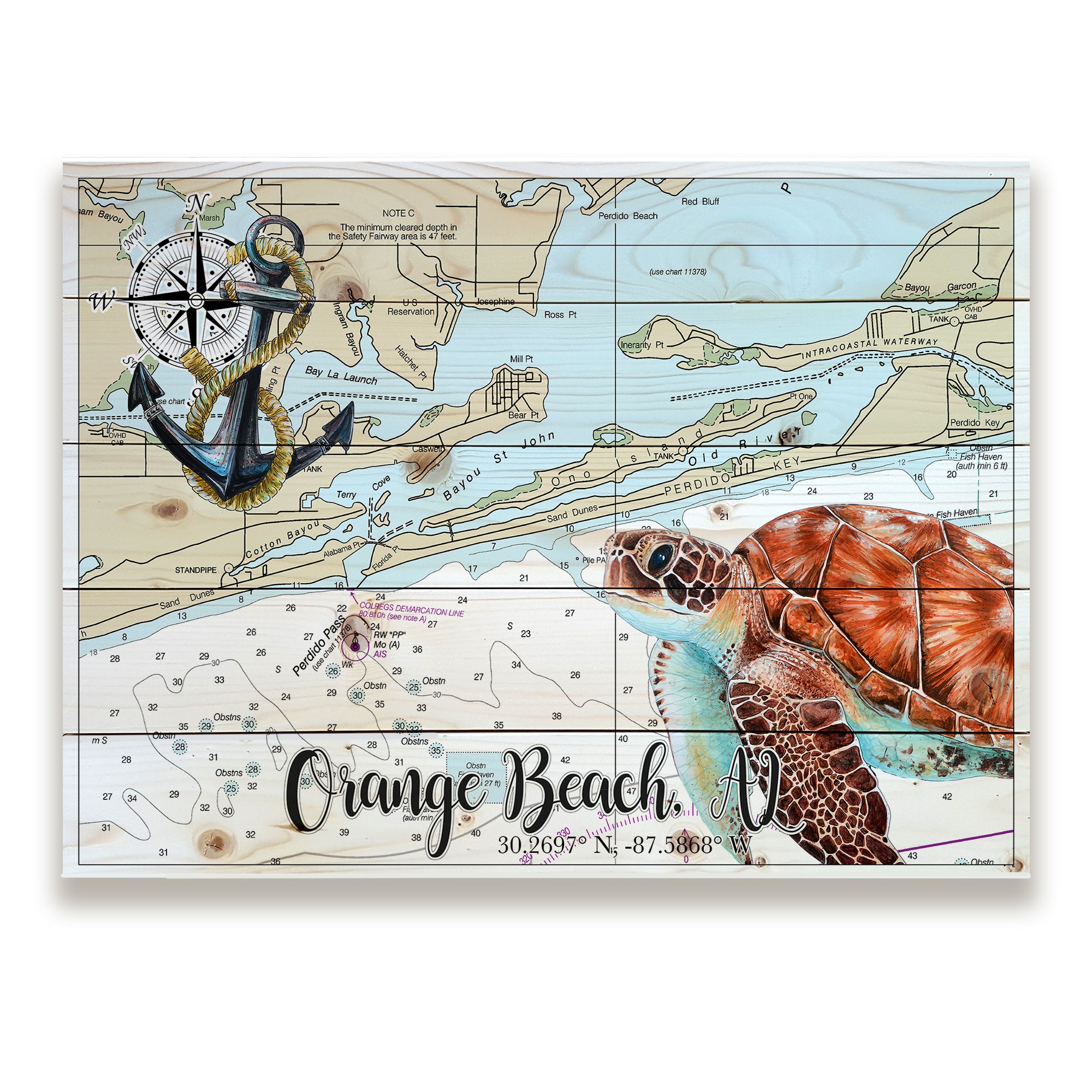 Orange Beach, Alabama -Sea Turtle & Anchor Pallet Map – MapMom