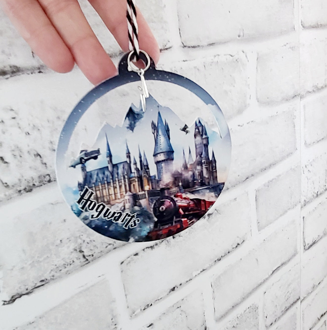 Magic Wizarding Castle Scene Wood Ornament With Lightning Bolt Charm