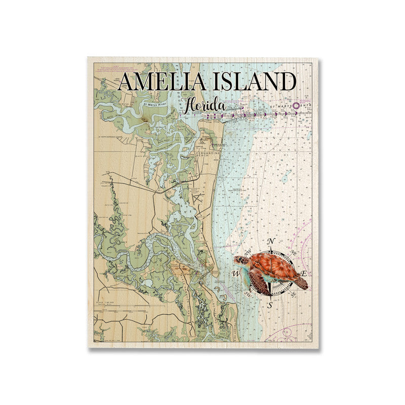 Amelia Island FL Crab and Turtle 5x7 inch Wood Wall Hanging Map Sign