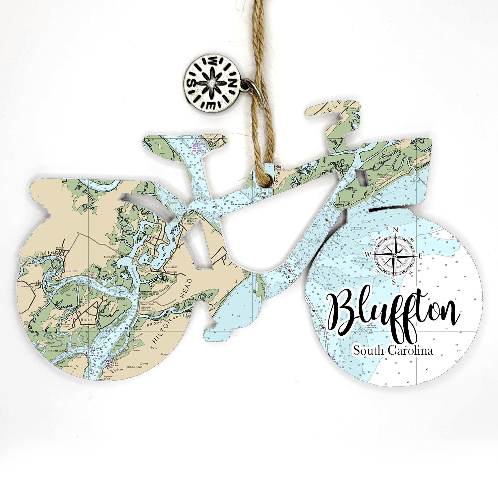Bluffton, SC Bicycle Bike Shaped Wood Map Souvenir Ornament