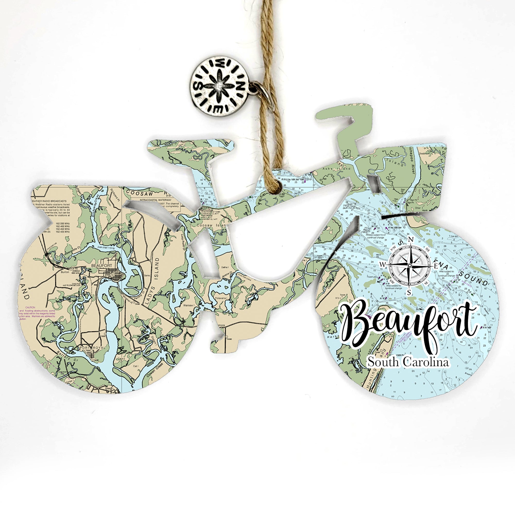 Beaufort, SC Bicycle Bike Shaped Wood Map Souvenir Ornament