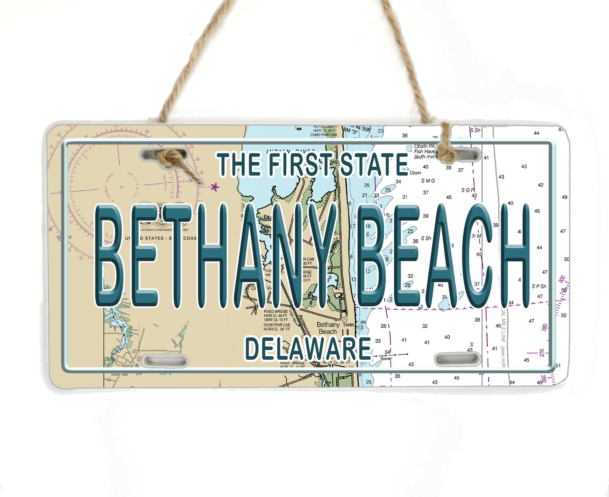 Bethany Beach, DE License Plate Wood Map Souvenir Ornament