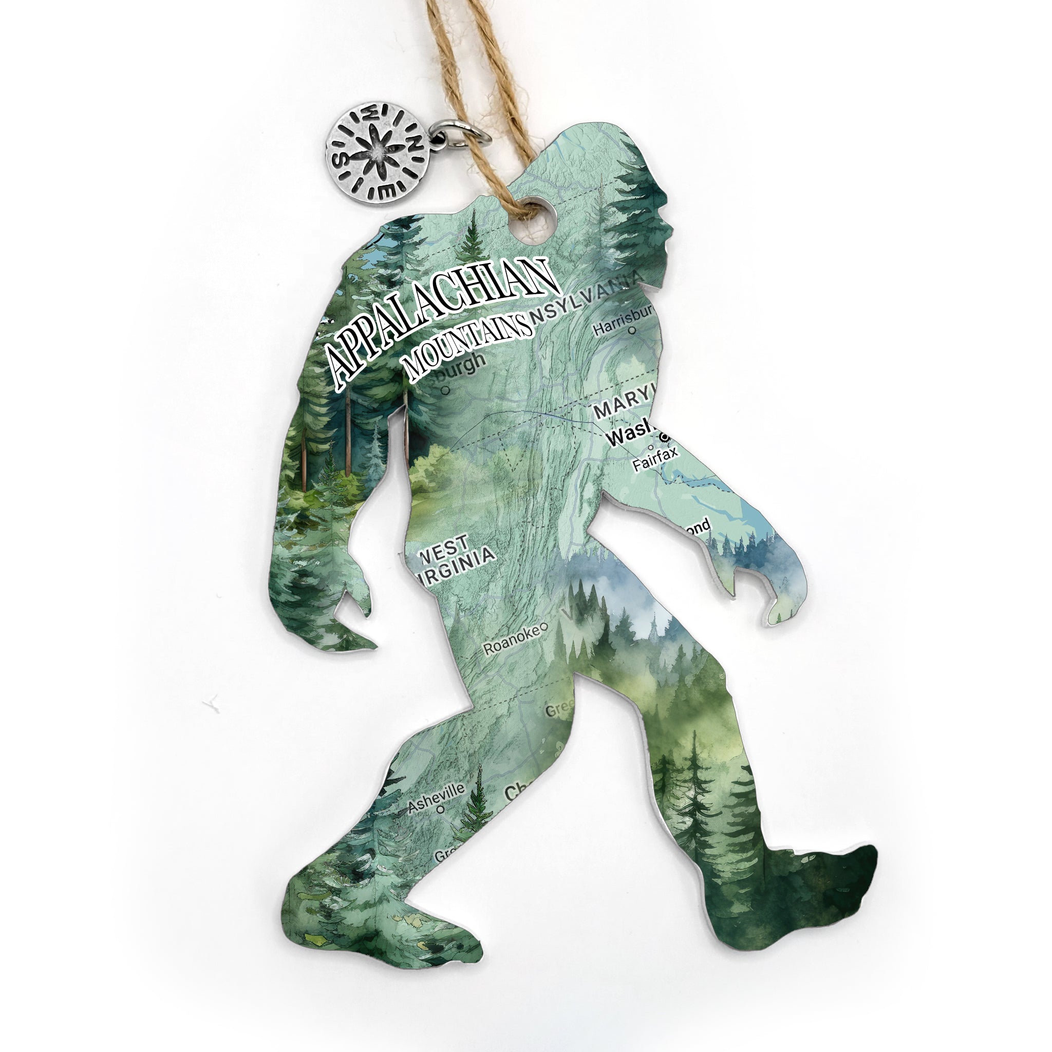 Appalachian Mountains Big Foot Sasquatch Shaped Wood Map Souvenir Ornament