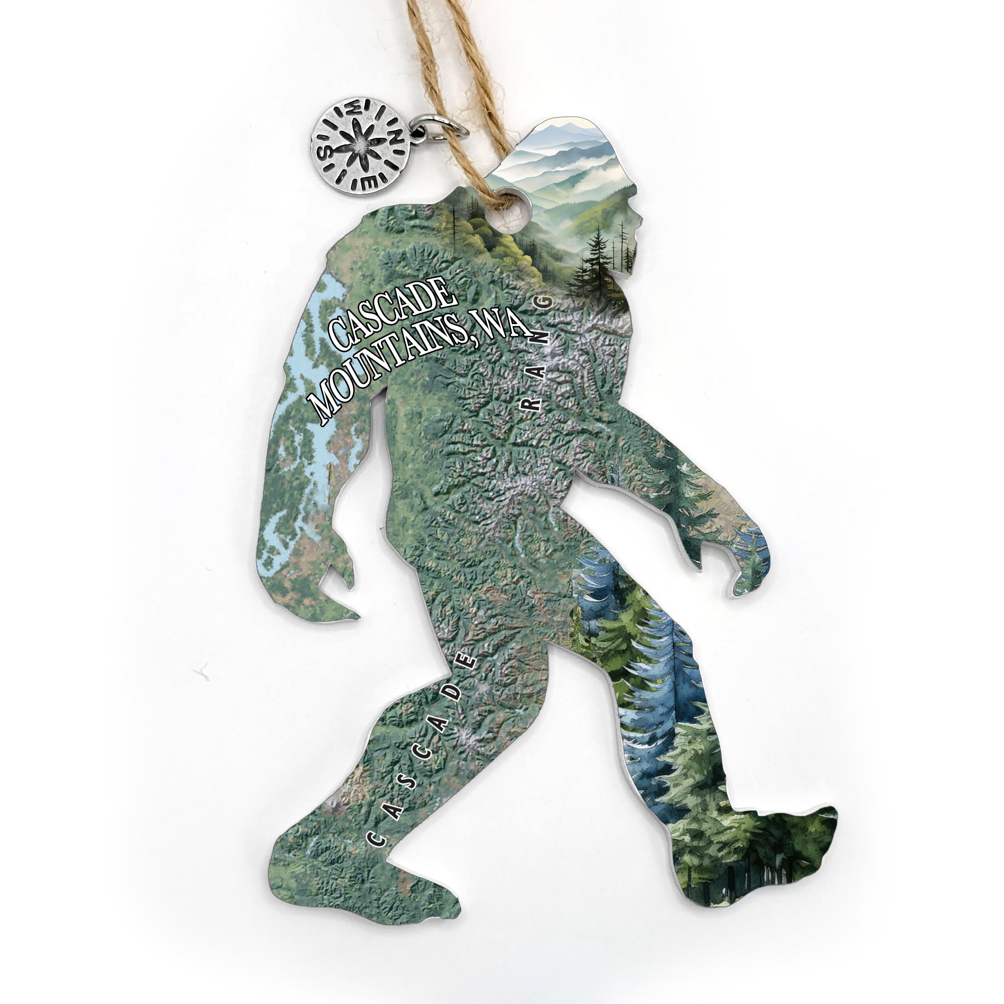 Cascade Mountains, WA  Big Foot Sasquatch Shaped Wood Map Souvenir Ornament