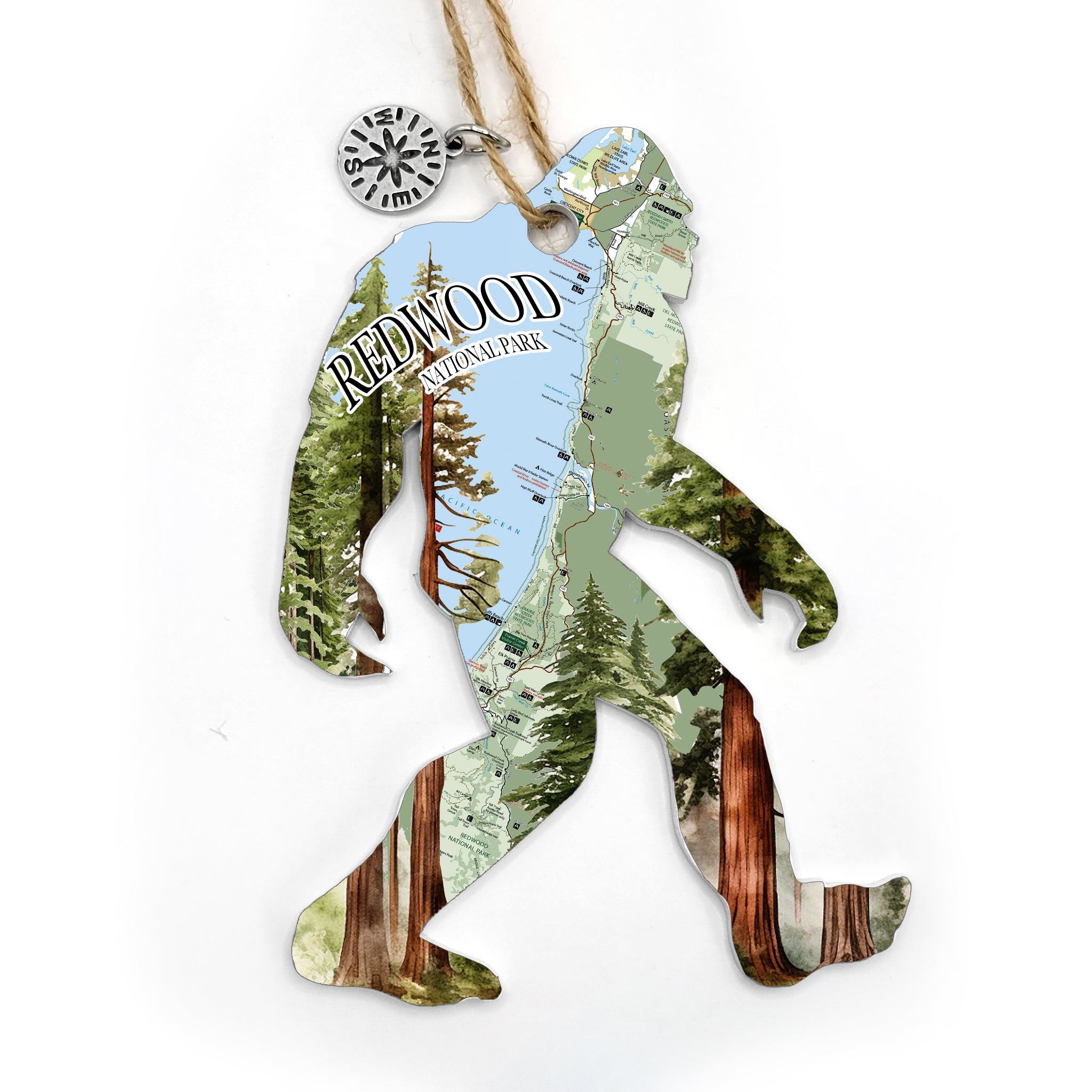 Redwood National Park Big Foot Sasquatch Shaped Wood Map Souvenir Ornament