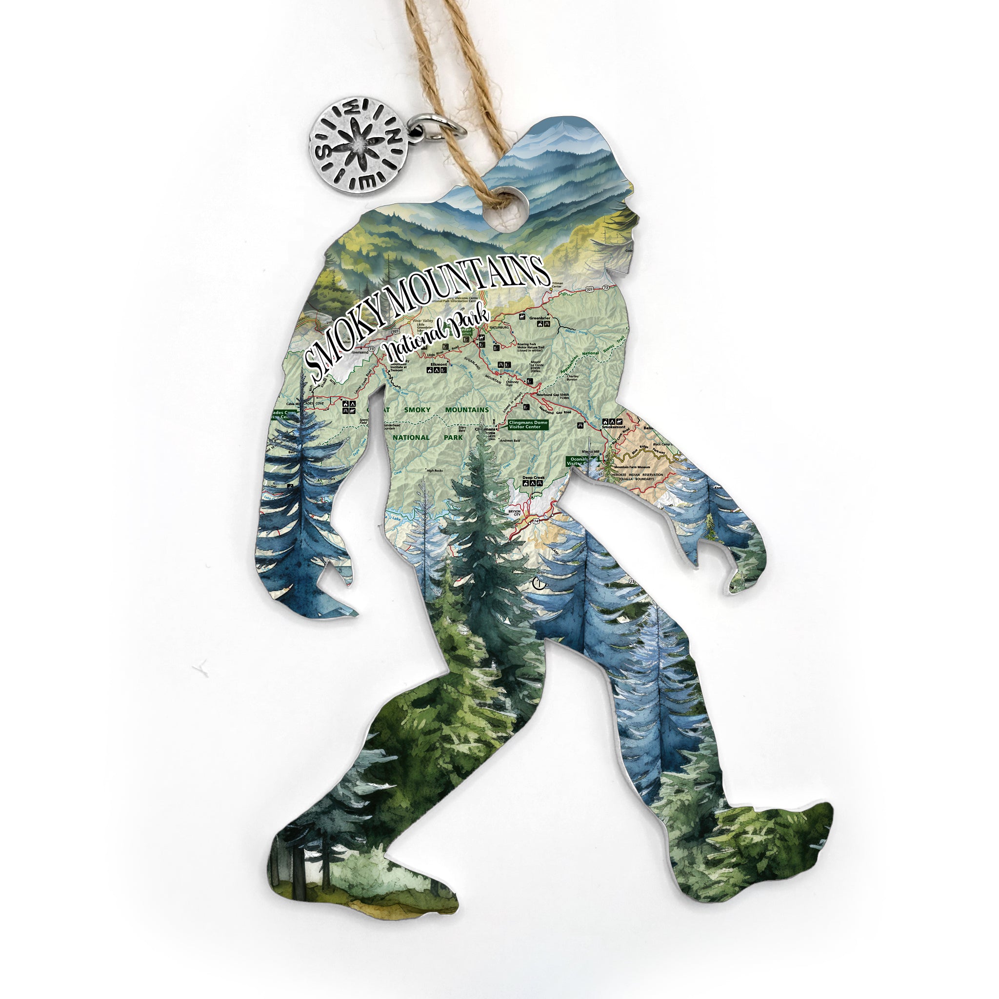 Smoky Mountains National Park Big Foot Sasquatch Shaped Wood Map Souvenir Ornament