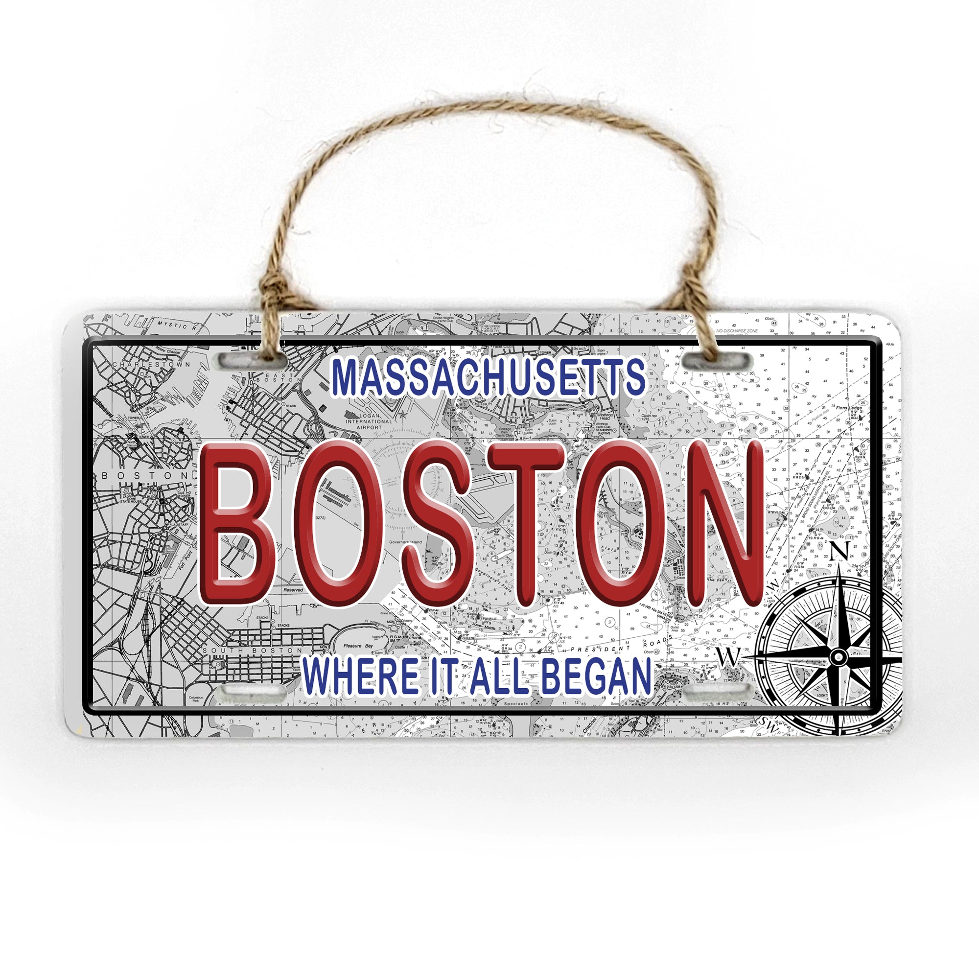 Boston, MA License Plate Colors Wood Map Souvenir Ornament