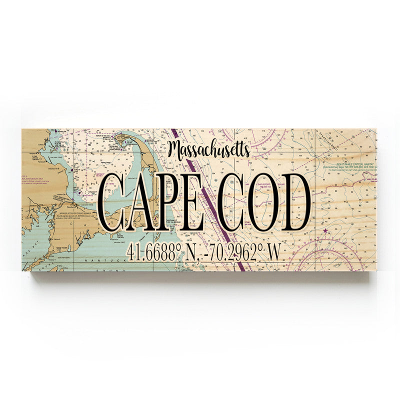 Cape Cod Massachusetts 3x9 Wood Coordinate Wall Hanging Map Sign