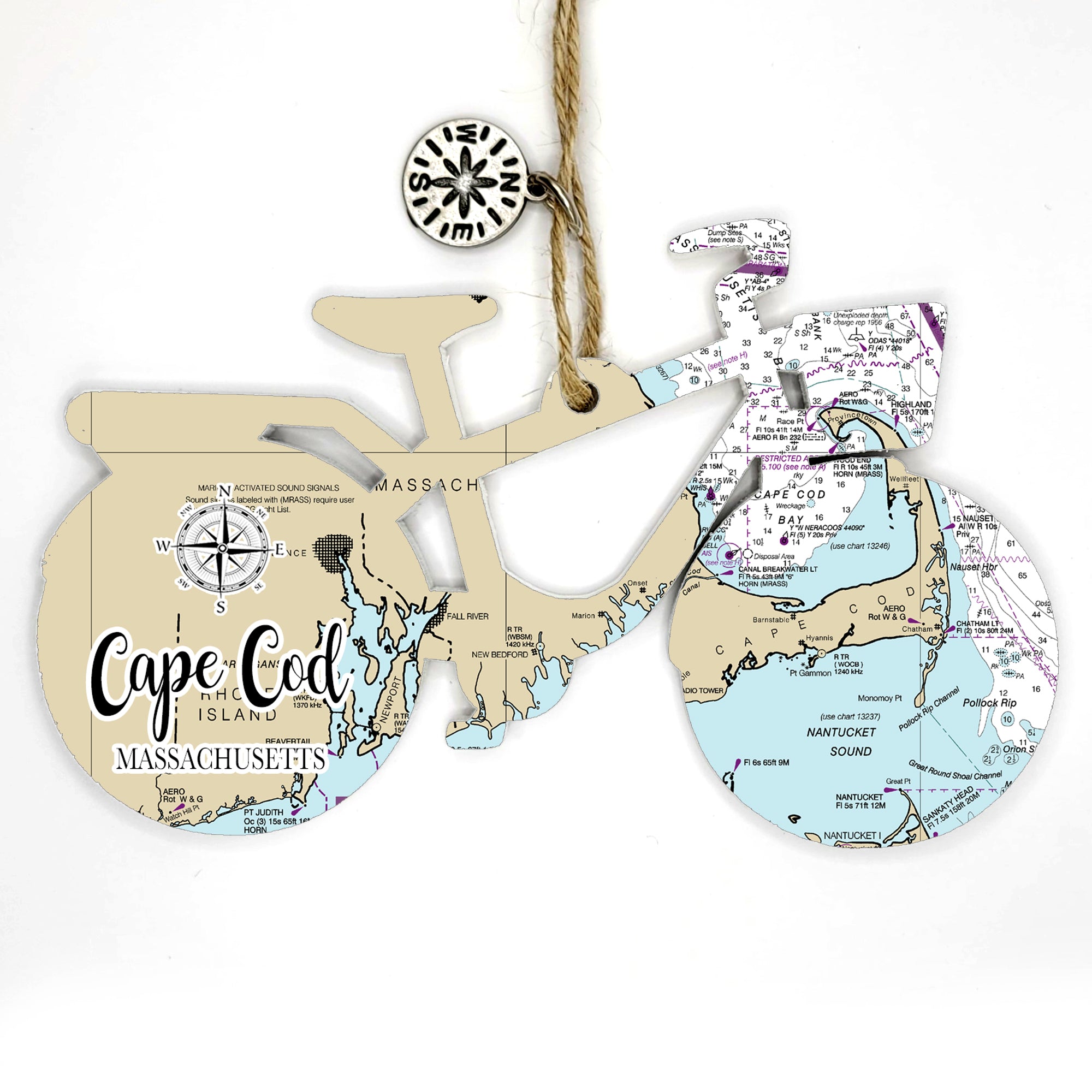 Cape Cod, MA Bicycle Bike Shaped Wood Map Souvenir Ornament