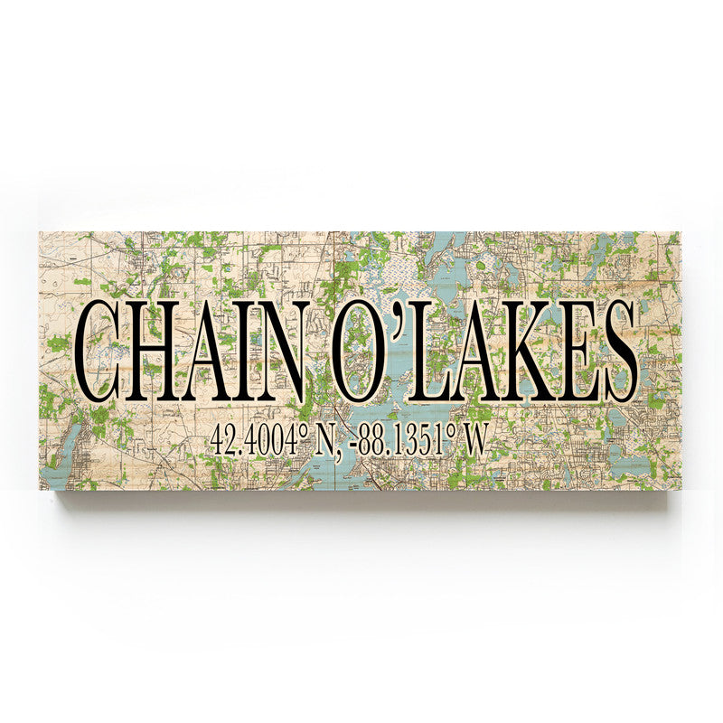 Chain O Lakes Illinois 3x9 Wood Coordinate Wall Hanging Map Sign