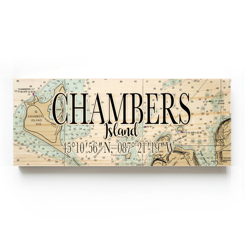 Chambers Island Wisconsin 3x9 Wood Coordinate Wall Hanging Map Sign