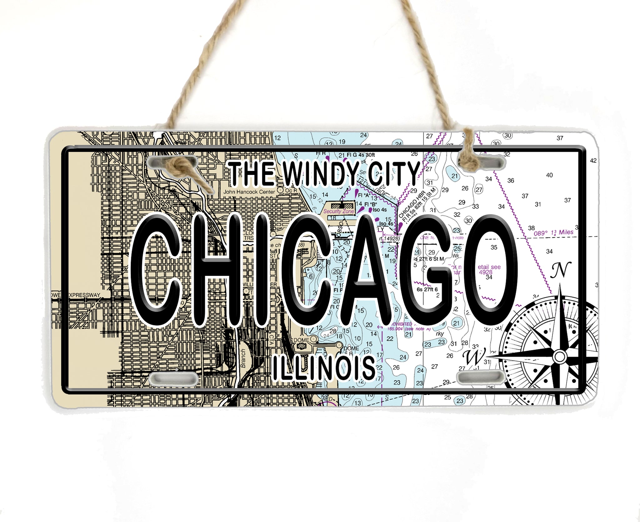 Chicago, IL License Plate Wood Map Souvenir Ornament