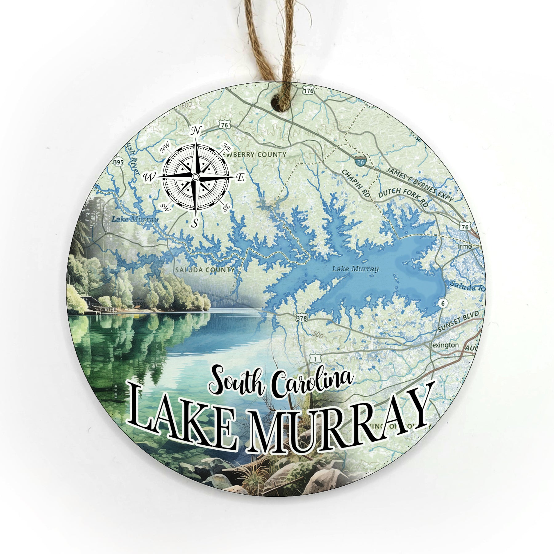Lake Murray, SC Circle Shaped Wood Map Souvenir Ornament