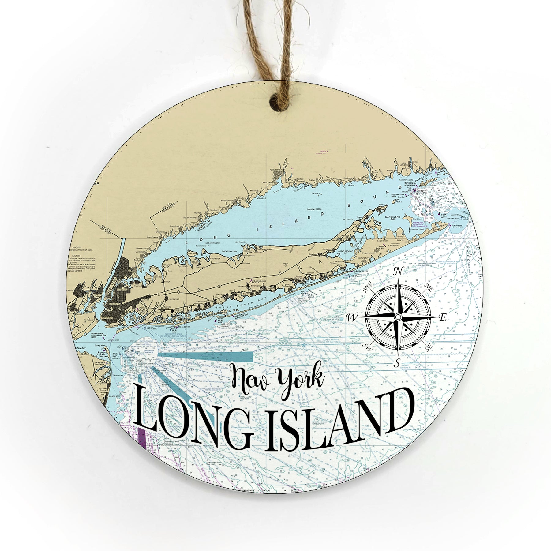 Long Island, NY Circle Shaped Wood Map Souvenir Ornament