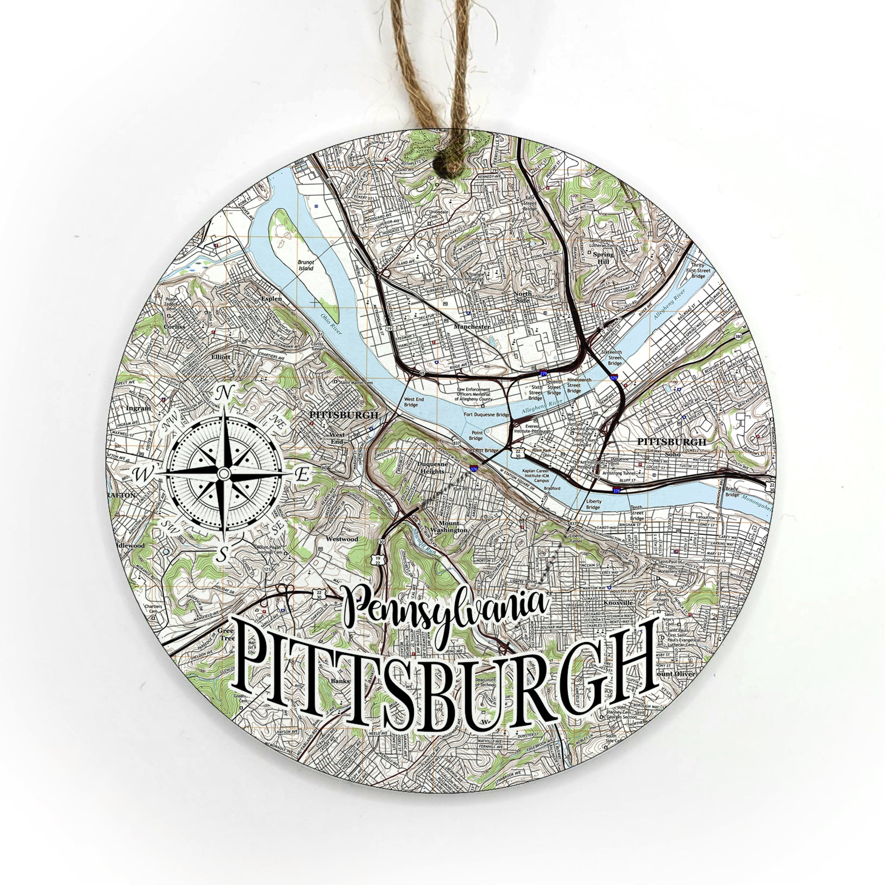 Pittsburgh, PA Circle Shaped Wood Map Souvenir Ornament
