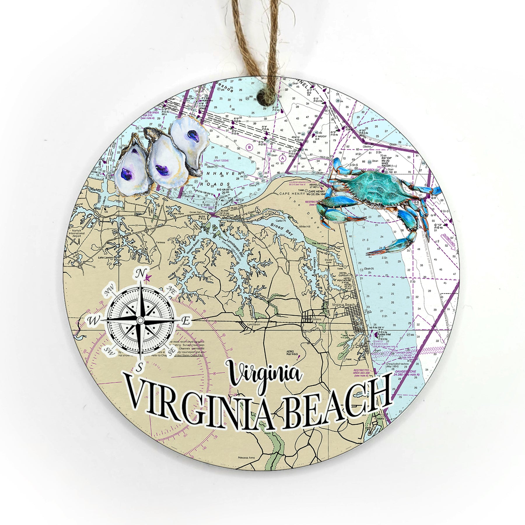 Virginia Beach, VA Circle Shaped Wood Map Souvenir Ornament