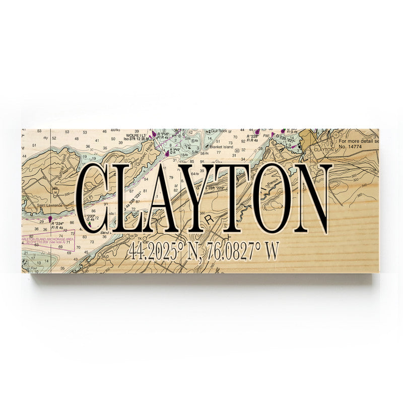 Clayton New York 3x9 Wood Coordinate Wall Hanging Map Sign