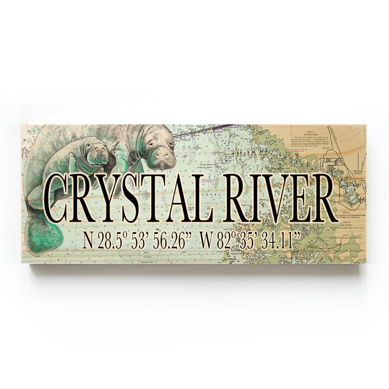 Crystal River Florida with Manatee 3x9 Wood Coordinate Wall Hanging Map Sign