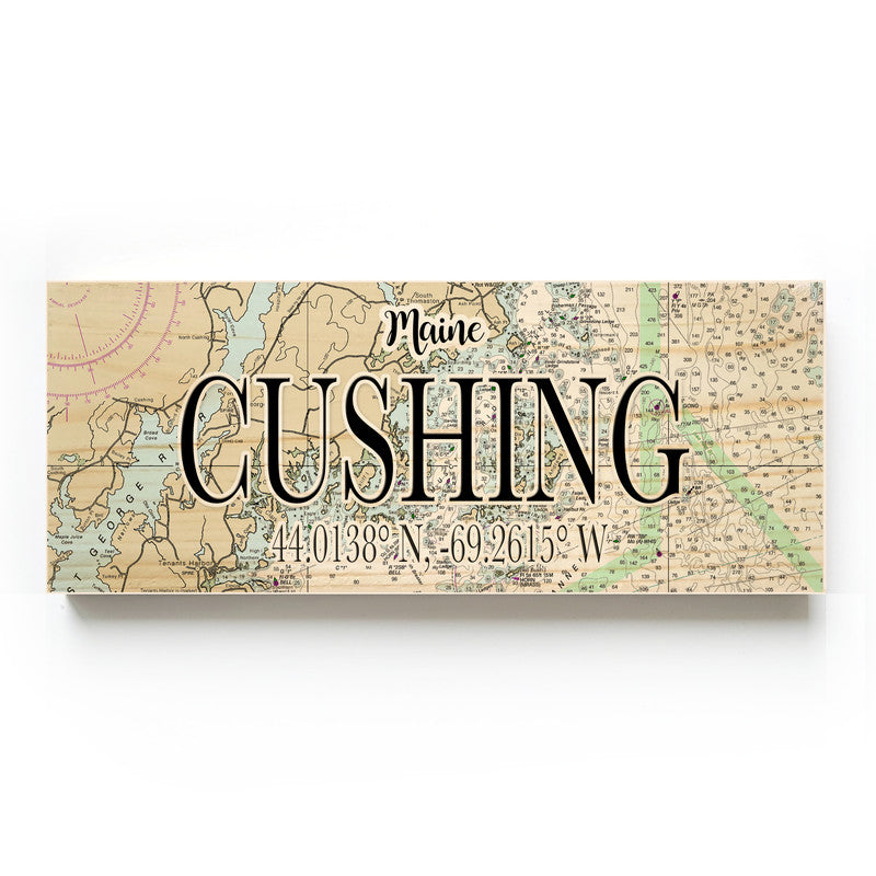 Cushing, Maine 3x9 Wood Coordinate Wall Hanging Map Sign