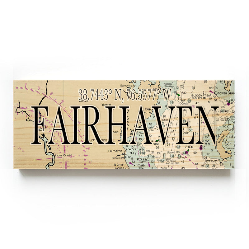 Fairhaven Maryland 3x9 Wood Coordinate Wall Hanging Map Sign