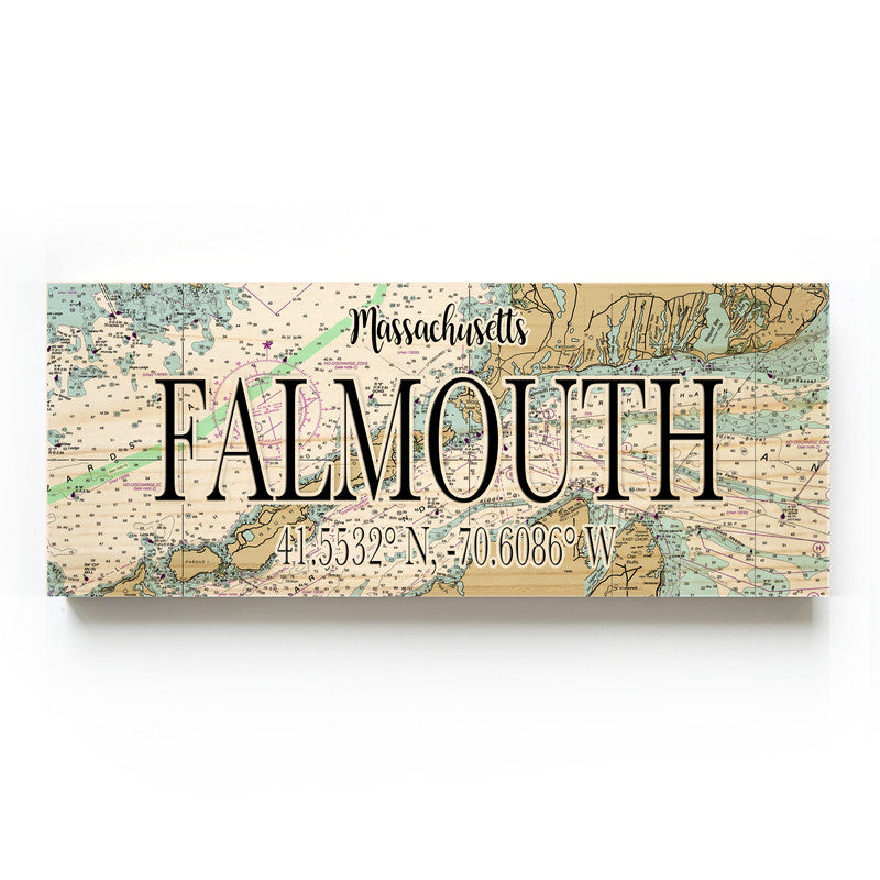 Falmouth Massachusetts 3x9 Wood Coordinate Wall Hanging Map Sign