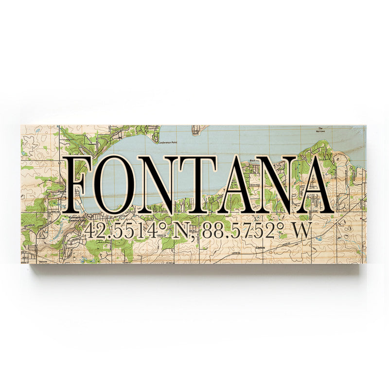 Fontana Wisconsin 3x9 Wood Coordinate Wall Hanging Map Sign