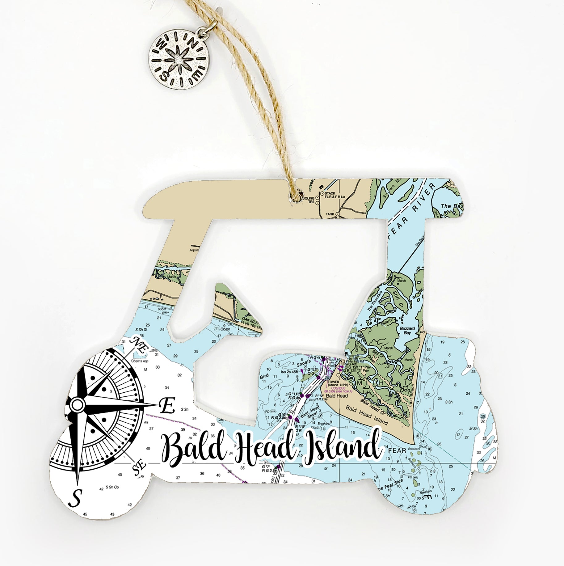 Bald Head Island, NC Golf Cart Shaped Wood Map Souvenir Ornament