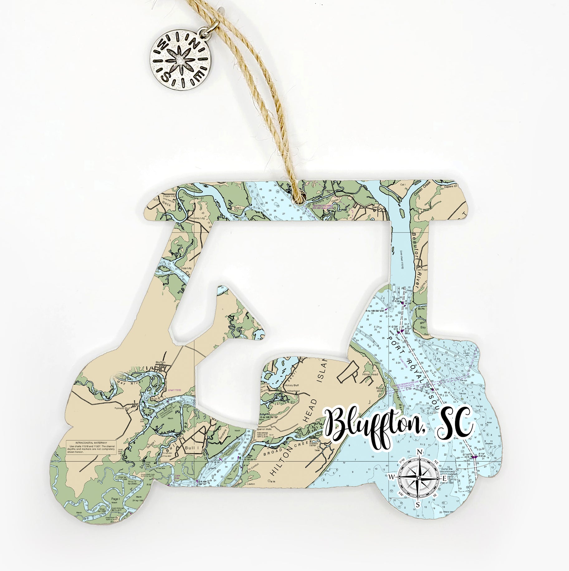 Bluffton, SC Golf Cart Shaped Wood Map Souvenir Ornament