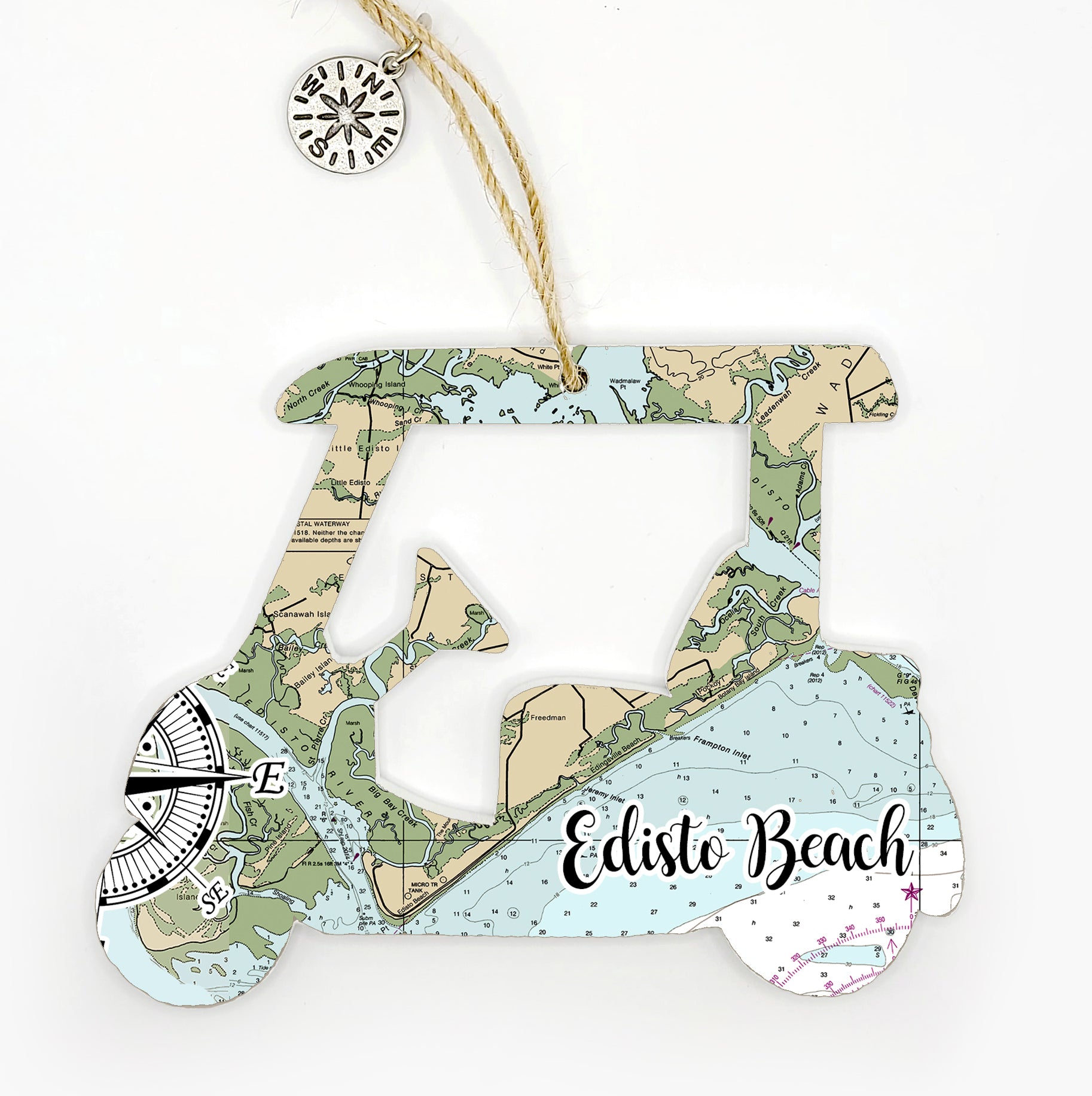 Edisto Beach, SC Golf Cart Shaped Wood Map Souvenir Ornament