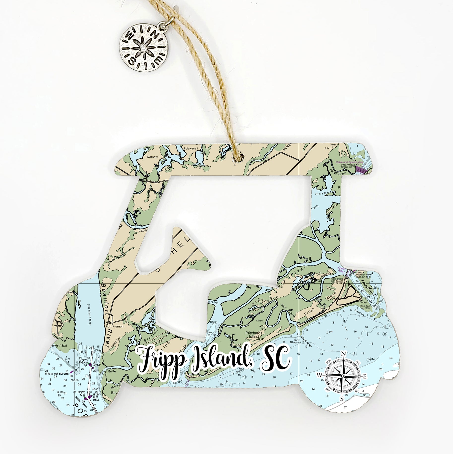 Fripp Island, SC Golf Cart Shaped Wood Map Souvenir Ornament