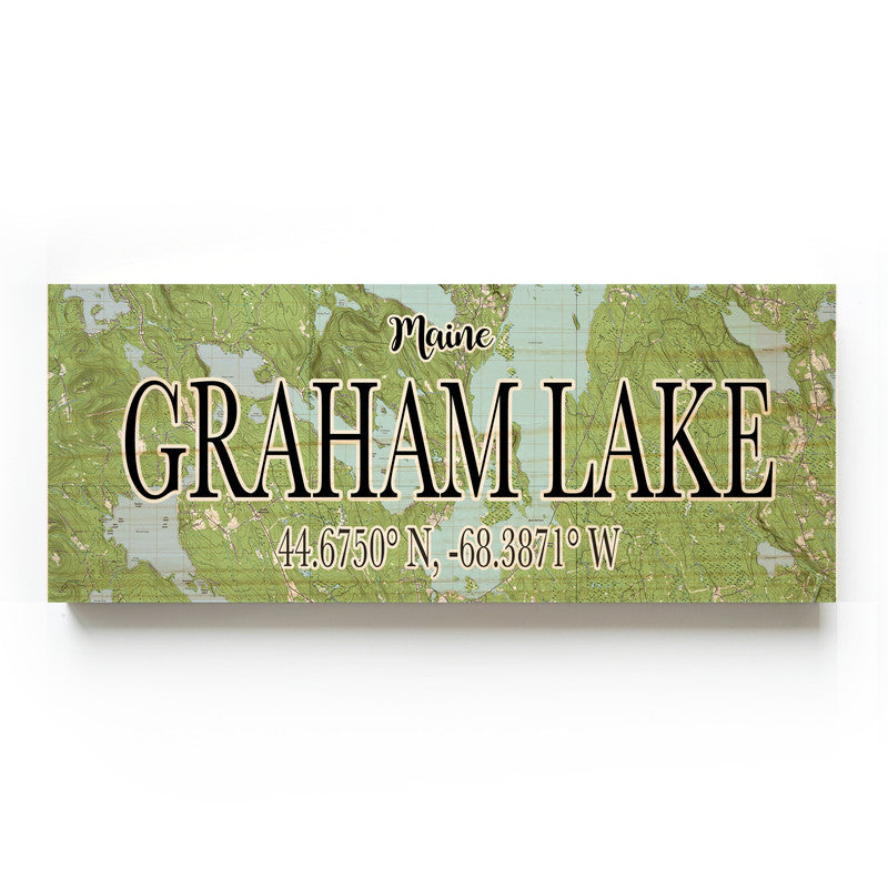 Graham Lake Maine 3x9 Wood Coordinate Wall Hanging Map Sign