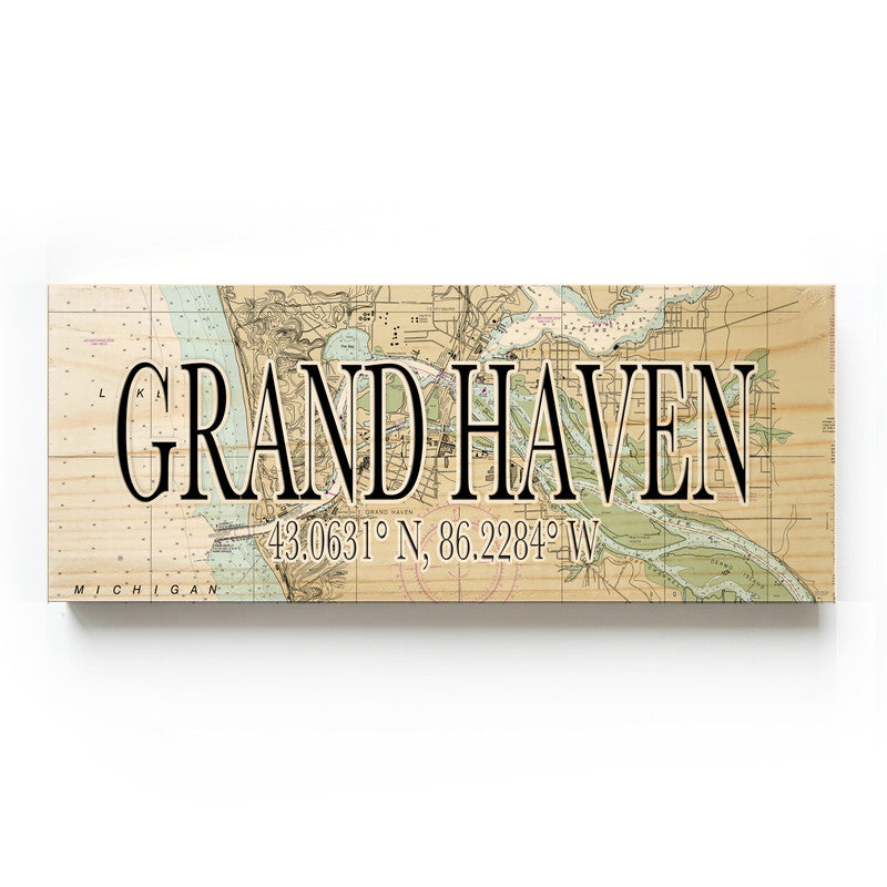 Grand Haven Michigan 3x9 Wood Coordinate Wall Hanging Map Sign
