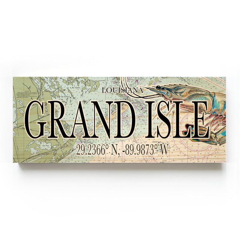 Grand Isle Louisiana with Shrimp 3x9 Wood Coordinate Wall Hanging Map Sign