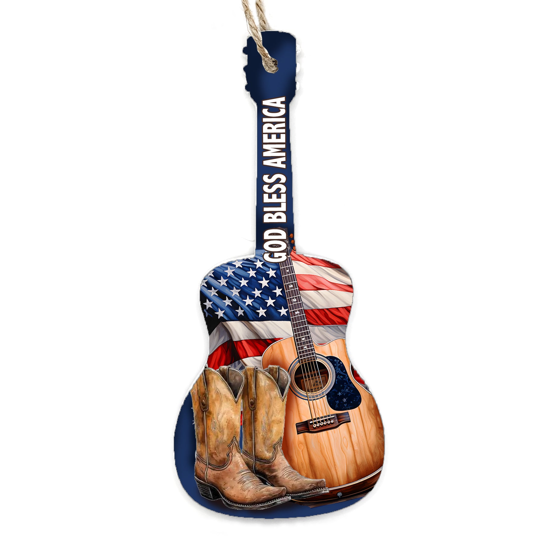 God Bless America Guitar Shaped Wood Ornament - His or Hers
