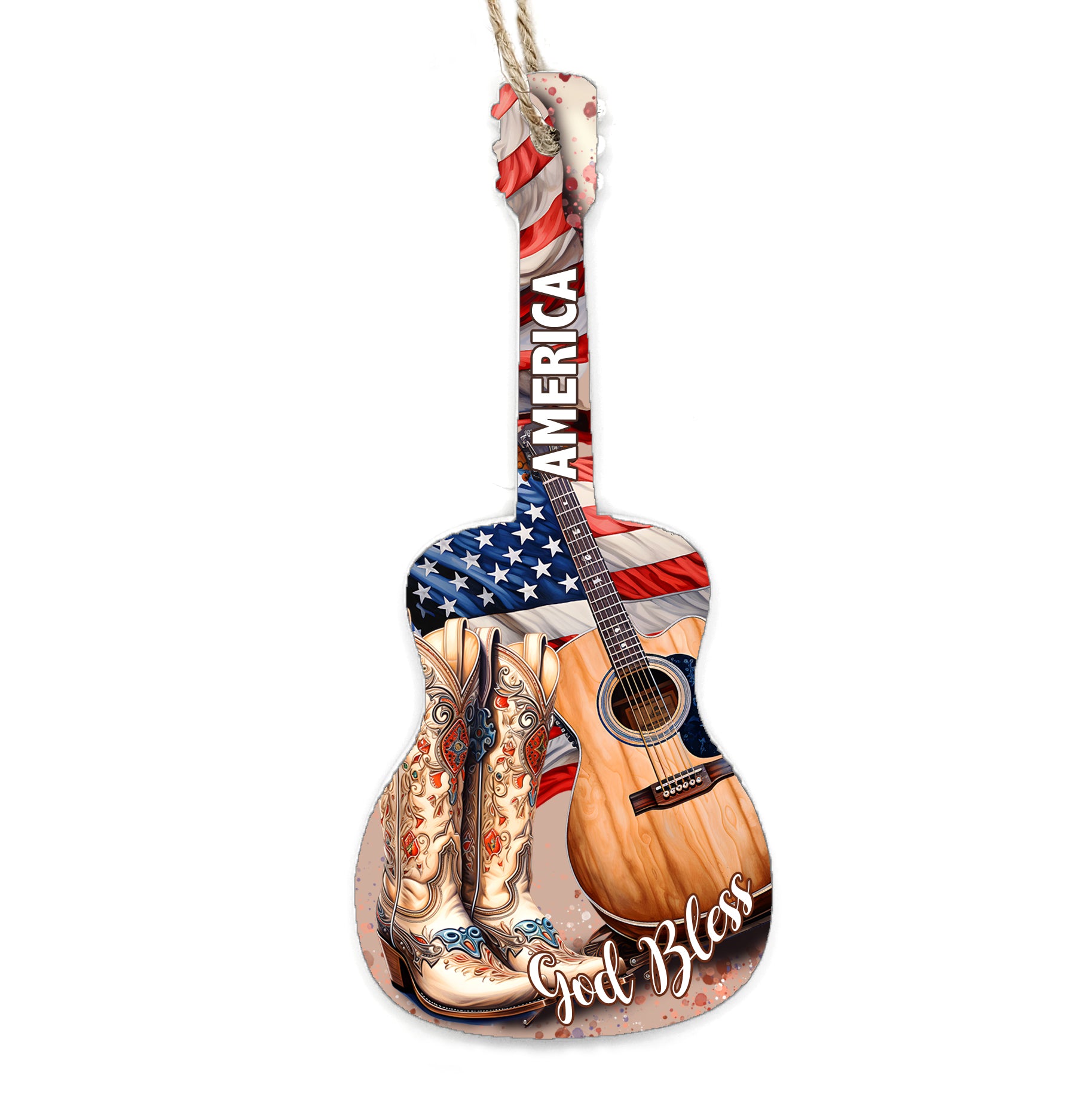 God Bless America Guitar Shaped Wood Ornament - His or Hers