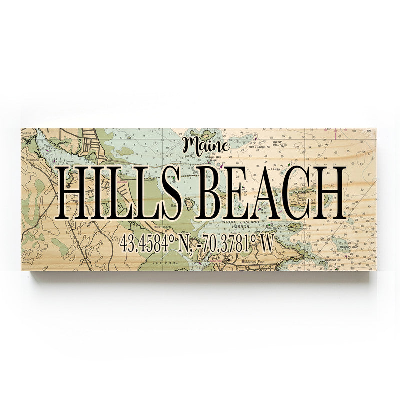 Hills Beach Maine 3x9 Wood Coordinate Wall Hanging Map Sign