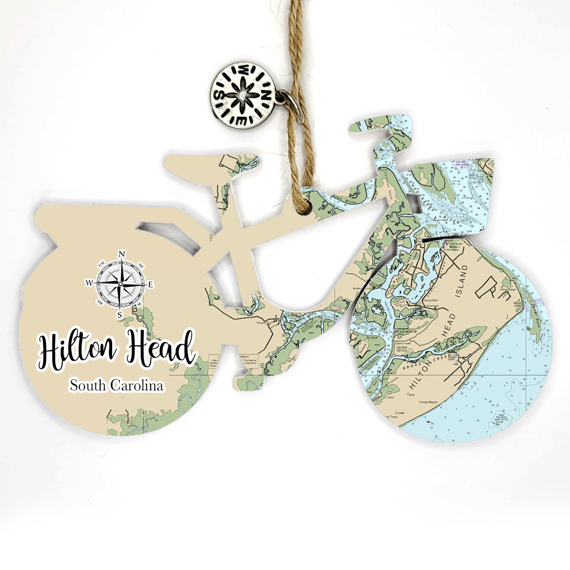 Hilton Head, SC Bicycle Bike Shaped Wood Map Souvenir Ornament