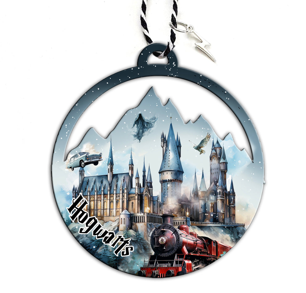 Magic Wizarding Castle Scene Wood Ornament With Lightning Bolt Charm