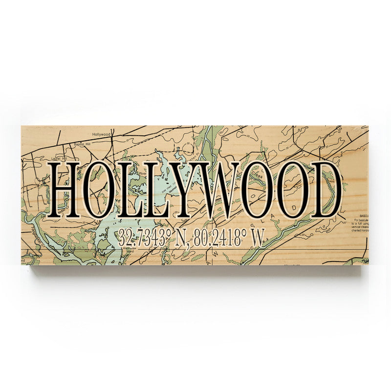 Hollywood South Carolina 3x9 Wood Coordinate Wall Hanging Map Sign