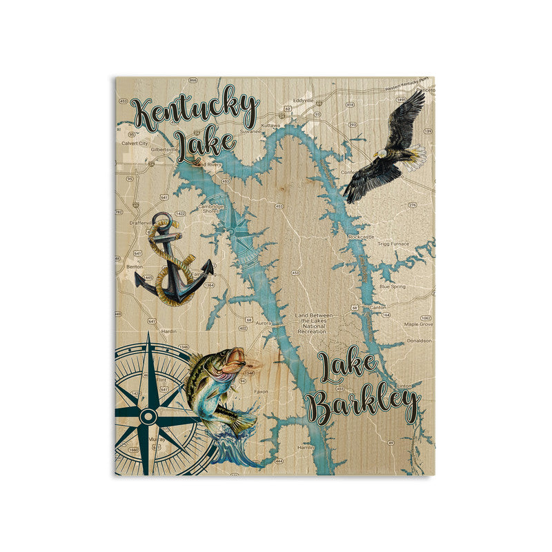 Kentucky Lake Lake Barkley TN 5x7 inch Wood Wall Hanging Map Sign