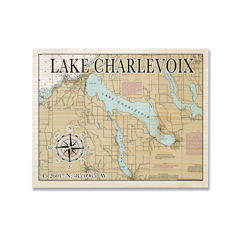 Lake Charlevoix 5x7 inch Wood Wall Hanging Map Sign