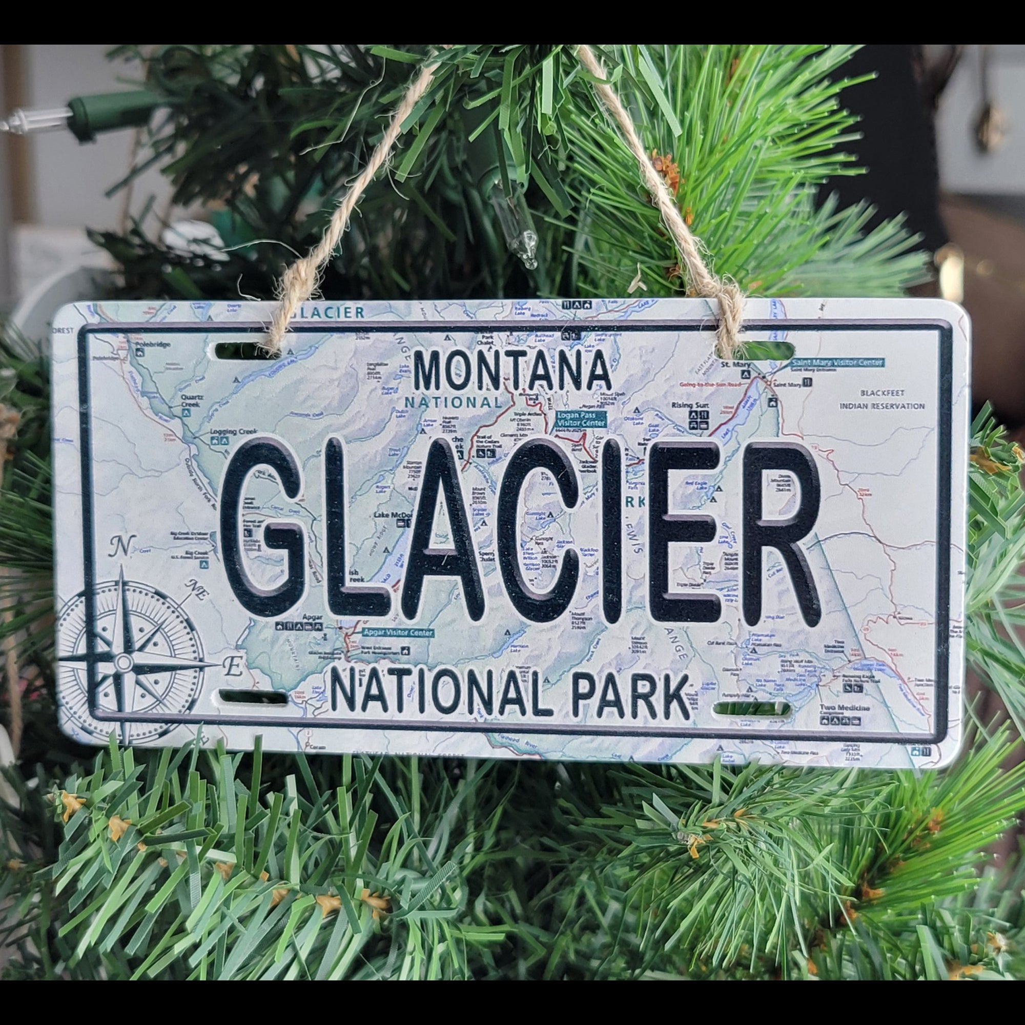 Glacier National Park, MT License Plate Wood Map Souvenir Ornament