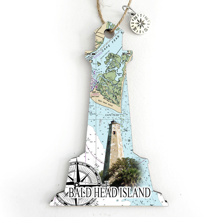 Bald Head Island, NC Lighthouse Shaped Wood Map Souvenir Ornament