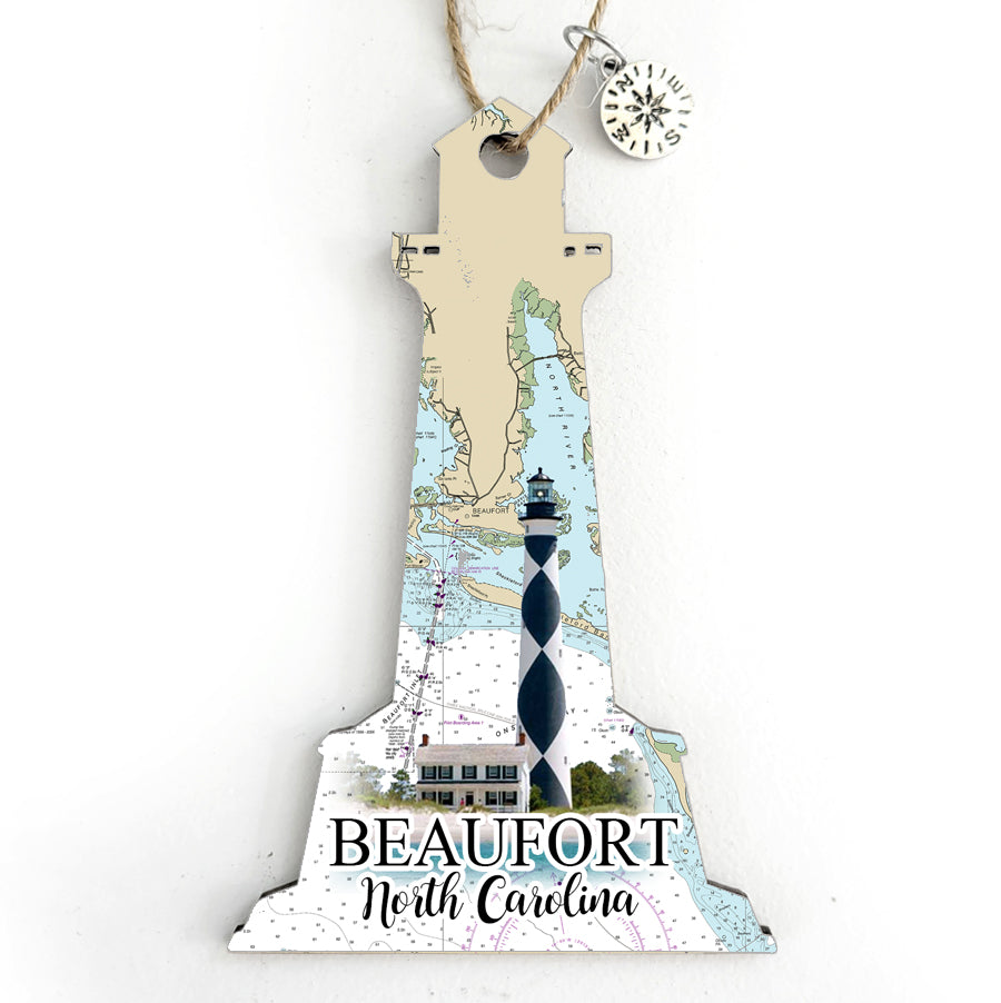 Beaufort, NC Lighthouse Shaped Wood Map Souvenir Ornament
