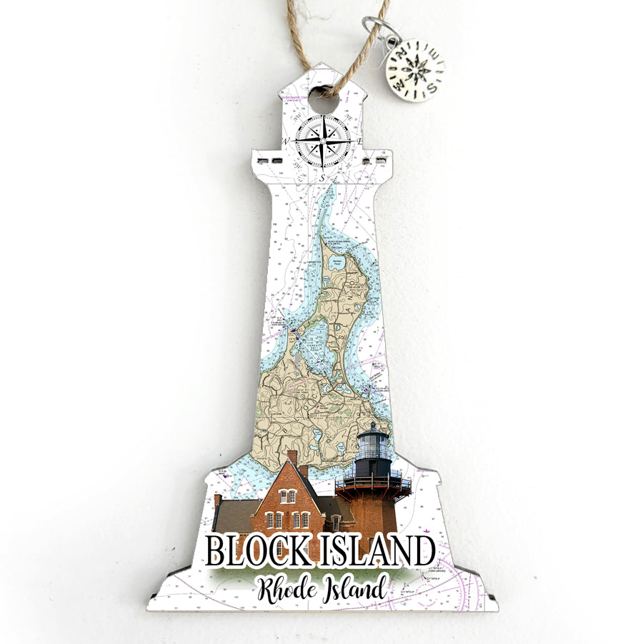 Block Island East, RI Lighthouse Shaped Wood Map Souvenir Ornament