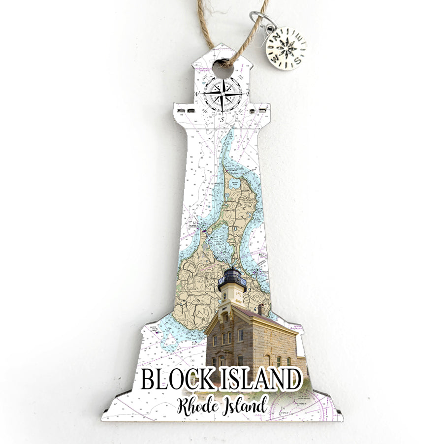 Block Island, RI Lighthouse Shaped Wood Map Souvenir Ornament