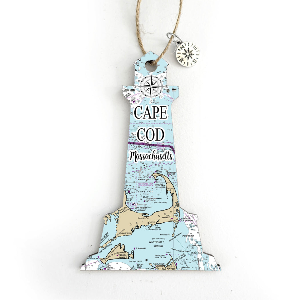 Cape Cod, MA Lighthouse Shaped Wood Map Souvenir Ornament